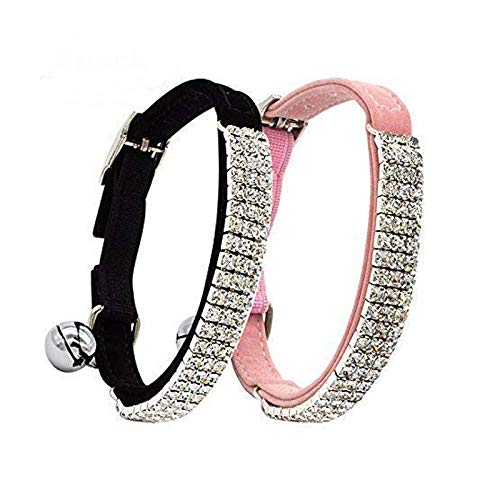 CHUKCHI Soft Velvet Safe Cat Adjustable Collar Bling Diamante With Bells,11 inch for small dogs and cats (Black+Pink) …