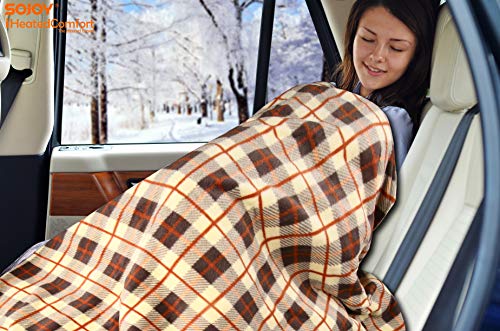 Sojoy 12V Heated Smart Multifunctional Travel Electric Blanket for Car, Truck, Boats or RV with High/Low Temp Control (60"x 40") (Checkered Cream & Tan)