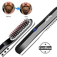 Beard Straightener Brush, Suntee Hair Straightening Brush with Cordless/Anti Scald/Auto Shut Off/Mini Sized for Travel/Home, 2 in 1 Multifunctional Hair Comb Curling Iron for Men Women