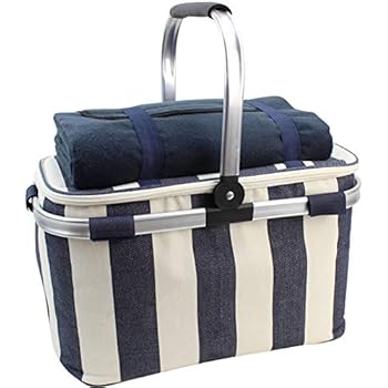 HappyPicnic 25L Insulated Cooler Bag with Foldable Aluminium Handle, Picnic Basket with Waterproof Picnic Blanket for Outdoor Travel Camping (Wide Navy Blue Stripe)
