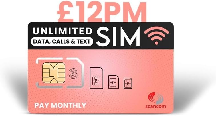 Scancom 3 Unlimited Calls Texts Data SIM Monthly Contract £12/mo 24mo Port