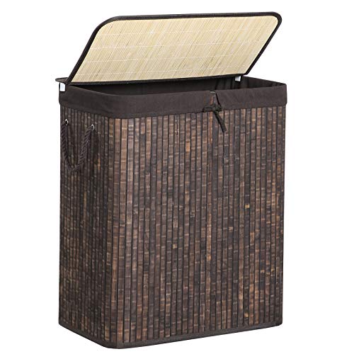 SONGMICS Double Laundry Hamper with Lid, Divided Bamboo Laundry Basket with Removable Liner, Two