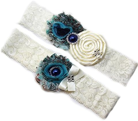 Wedding Garters for Bride Lace Vintage Ivory Peacock Blue Pearl Rhinestone Keepsake Toss Garter Set of Two for Prom l Gift