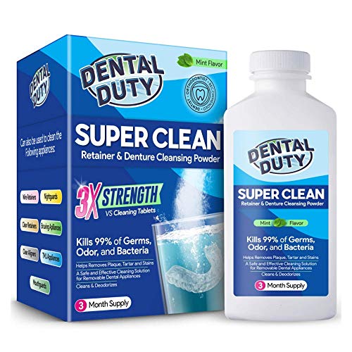 Dental Duty Super Clean Retainer & Denture Cleansing Powder-(2 Pack) Effervescent Antibacterial Dental Cleaner for Dental Appliances - Removes Bad Odor, Plaque & Stains - Made in USA - 3 Month Supply