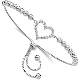 JewelryWeb 925 Sterling Silver Rhodium Plated Beaded Cubic Zirconia Love Heart Adjustable Bracelet 15.07mm Wide Link Bracelet for Women
