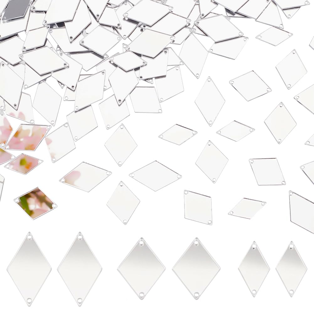 PH PandaHall 300pcs 3 Sizes Silver Sew on Mirrors Acrylic Sew on Mirror Pieces with Holes Diamond Mirror Beads for DIY Wedding Dress Clothing Bags Shoes Decoration Garment Costume Evening