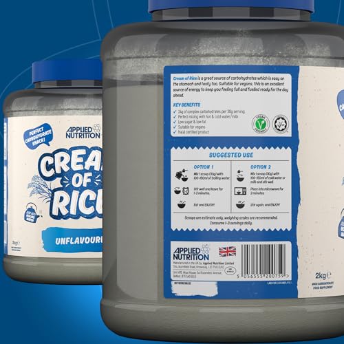 Applied Nutrition Cream of Rice - High Carbohydrate Cream of Rice Supplement, Source of Energy for Breakfast & Snacks, Easy to Digest, Low Sugar, Low Fat, Vegan, 2kg (Unflavoured)