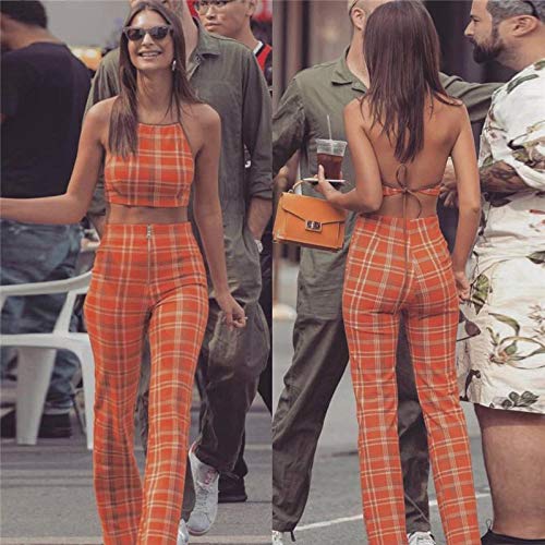 loukou Women Casual Halter Sleeveless Plaid Tops High Waist Zip Pants Set Pantsuits Orange