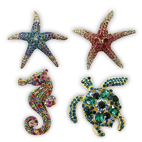 ZUOZUOYA Lovely Sea Animal Lapel Pins for Women - 4Pcs Colorful Crystal Rhinestones Marine Animals as Starfish,Seahorse,Sea Turtle Brooch Pins with Gold Tone - Great for Wife,Sisters and Friends