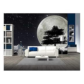 Silhouette of a Tree Against The Big Moon and The Star Night Sky. - Removable Wall Mural | Self-Adhesive Large Wallpaper - 66x96 inches