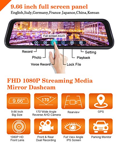 1080P 9.66" Full Touch IPS Screen Car DVR Stream Media Rear-View Mirror Monitor with Front and Rear Double Recorder HD Camera Waterproof Night Vision&GPS Tracking