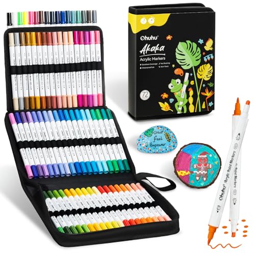 Ohuhu Acrylstifte, 72 Farben Acrylic Marker mit zwei Spitzen (Fein und Punkt) - Wasserfest, Lichtechte, hoher Deckkraft Acrylstifte Set für Steine Bem