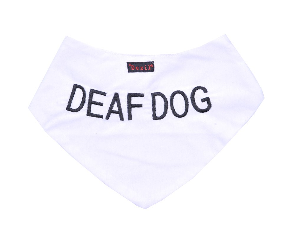 Dexil DEAF DOG White Dog Bandana Quality Personalised Embroidered Message. Neck Scarf Fashion Accessory. PREVENTS Accidents By Warning Others Of Your Dog In Advance
