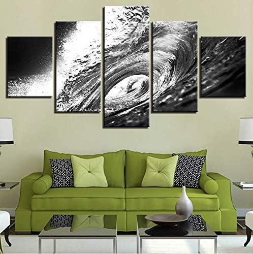 QThxqa Lienzo arte de la pared Cuadros Sala Decoración para el hogar HD impresiones 5 unidades Blanco y Negro mar olas Playa Seascape pinturas Marco