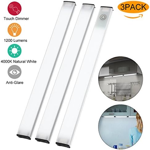 Newforshop Touch Control Kitchen Under Cabinet Lighting, Dimmable LED Under Counter Lights for Kitchen Closet Shelf, 1200 Lumens, Nature White 4000K, 3 Pack