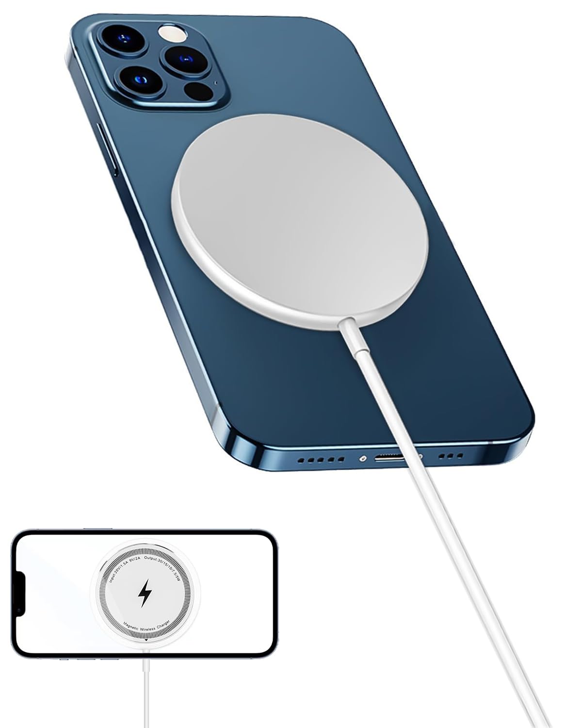 ワイヤレス充電器【2025超薄型】磁気増強ワイヤレス充電器 マグネット式 急速 軽量 超薄型最大15W出力 マグ-セーフ充電器 急速 軽量 Type-Cデータケーブル付き iP16/15/14/13/12シリーと互換性のある(白です) の商品画像