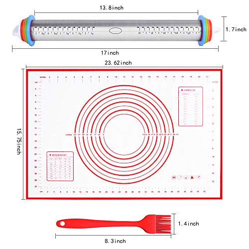SZUAH Adjustable Rolling Pin, Stainless Steel Roller Pin with Removal Thickness Rings, Pastry Mat and Basting Brush for Baking.