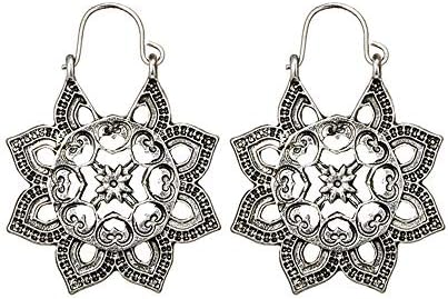 Womens Vintage Bohemian Antique Hollow Out Large Flower Long Dangle Ear Stud Earrings Retro Style Silver Gold (Silver Love Pattern)