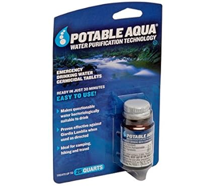 Potable Aqua water treatment tablets for emergency drinking water