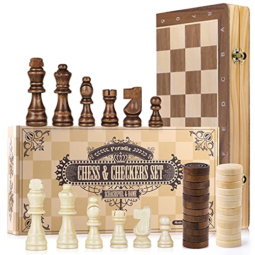 Peradix 2 in 1 Chess and Checkers Set Wooden Magnetic Chess Board with Double Checkers for Travel Foldable Toys and Gifts Educational Games for Adults and Children (38 x 38 cm)