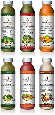 Healthy Choice Juices 1 Day Detox Cold Pressed Juice Cleanse - Breakfast, After Breakfast +, Lunch, After Lunch, Dinner, After Dinner- 6 Bottles