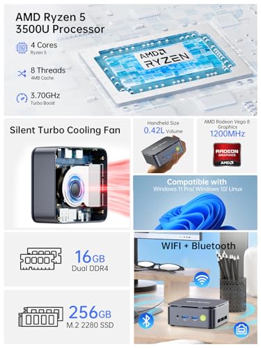GMKtec G10 Ryzen 5 Mini PC 3500U (Outperforms N150/N97 Models), 16GB RAM, 512GB SSD Mini Computer, 2.5GbE LAN Network/Office/Home/HTPC/Proxmox/Triple 4K Display/Micro PC