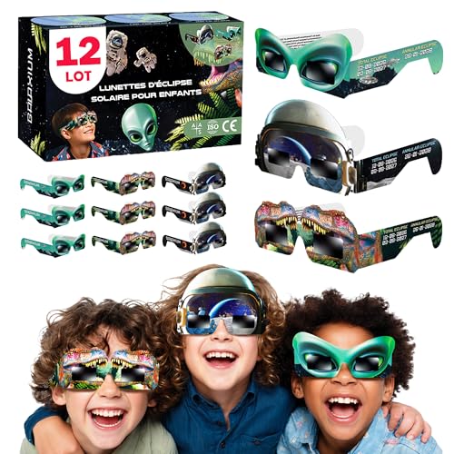 Lunettes d'éclipse solaire Galaxium pour enfants 2026 [Lotde12]extraterrestre, astronaute, dinosaure, homologuées AAS, certifiées ISO 12312-2 CE. Lunettes d'observation d'éclipse solaire pour garçons