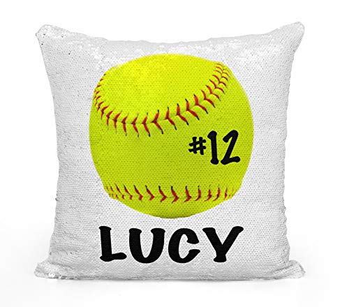 Violet Victoria & Fan Star Personalized Softball Fastpitch Sequin Mermaid Flip Pillow - ADD Your Name and/or Number! (Silver Sequins - Pillowcase Only) - Thumbnail 2