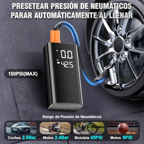 AUTODIAG Arrancador de Batería de Auto 2500A Portátil con Compresor de Aire 150PSI,11000mAh Batería,Jump Starter 12V para Autos Gas 5L/Diésel 2L, Linterna de Emergencia, Clip de Seguridad Inteligente