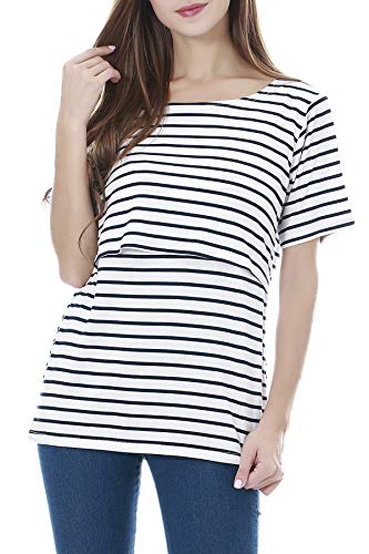 Smallshow 3 Pcs Maternity Nursing T-Shirt Nursing Tops White Stripe-Black-Grey Large