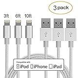 iPhone Charger 3Pack 3FT/6FT/10FT(1M/2M/3M) DeFitch Nylon Braided 8 pin Charging Cables USB Charger Cord, Compatible with iPhone 7/7 Plus/6s/6s Plus/6/6 Plus/5/5S/5C/SE/iPad and iPod (Silver)