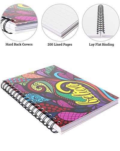 ColorIt Hard Cover Double Spiral Notebook 200 Lightly Lined Pages, 6x8.5 Journal, Planner, Log Book, Diary, Hand Drawn Doodle Design"Believe" Journal