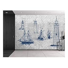 Sketches of Lighthouses and Sailboats on a Brickwall - Wall Mural, Removable Sticker, Home Decor - 66x96 inches