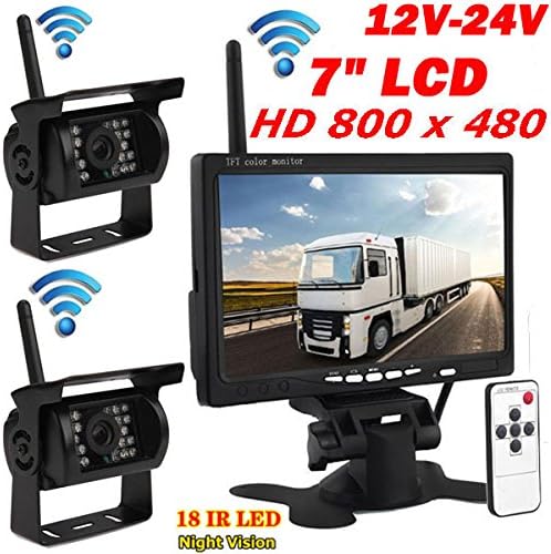 2x Wireless 18LEDs Night Vision Waterproof Backup Camera Rear View System for Bus Truck Trailer + 7" Wrieless Car TFT LCD Screen Color Rear View Monitor 12V-24V