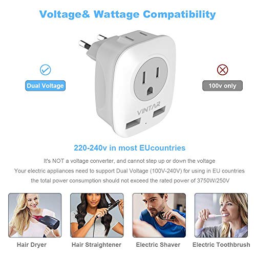 image for [2-Pack] European Adapter, VINTAR International Power Adaptor with 2 U
