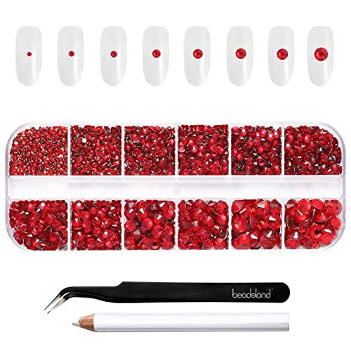 Beadsland Rhinestones for Makeup,8 Sizes 2500pcs Red Flatback Rhinestones Eye Gems for Nails Crafts with Tweezers and Wax Pencil,Siam,SS4-SS30