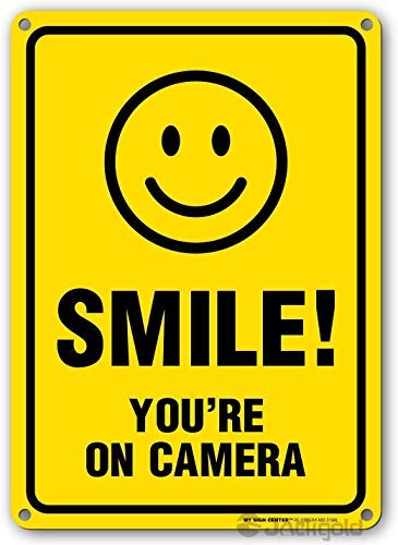Wall Decor Smile You're On Camera Sign,Area Under Video Surveillance Sign Warning for CCTV Monitoring System,Outdoor Rust-Free Metal,12x8 Aluminum Plate