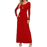 DEARCASE Women's Maxi Dress Long Sleeve Crewneck Loose Plain Casual Empire Waist Fall Party Long Dresses with Pockets