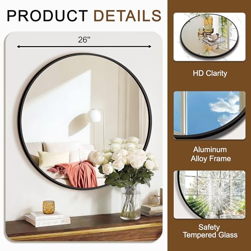 Round Bathroom Mirror for Wall, 2 Pack 26" Black Circle Mirror, Tempered Glass Bathroom Mirror for Over Sink, Modern Metal Framed Round Vanity Mirror for Entryway, Bedroom, Living Room