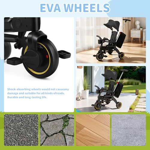 AM ANNA Folding Kids Tricycle, 5 in 1 Baby Trike W/Removable & Adjustable Canopy, Parent Handle, 5-Piont Safety Harness, Toddler Bike Stroller, EVA Wheels, Soft Armrest (Black with Storage Bag)