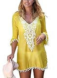 BLENCOT Women's Crochet Chiffon Tassel Swimsuit Bikini Pom Pom Trim Swimwear Beach Cover up-Yellow XX-Large