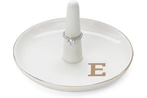 HOME SMILE Initials Ring Holder Jewery Tray with personalized E-Monogrammed Engagement Gifts for Friends,Birthday Mother's Day Christmas Gifts for Women,Ceramic White
