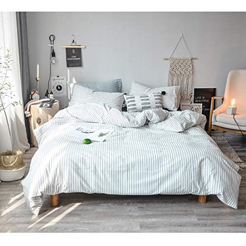 FOSSA Washed Cotton Duvet Cover Set Queen 3 Piece Bedding Sets Soft Wrinkled Striped Design (Queen, White&Black Stripes)