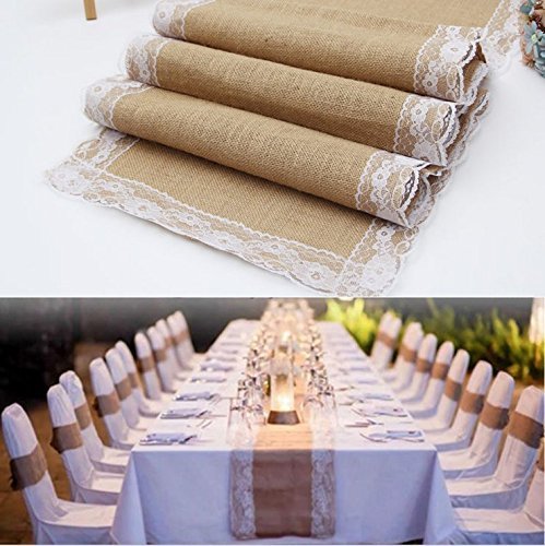Haperlare 12 x 108 inch Natural Vintage Burlap Table Runner with White Lace Jute Tablecloth Hessian Table Runner Burlap Tablecloth for Country Outdoor Wedding Party Christmas Home Decorations