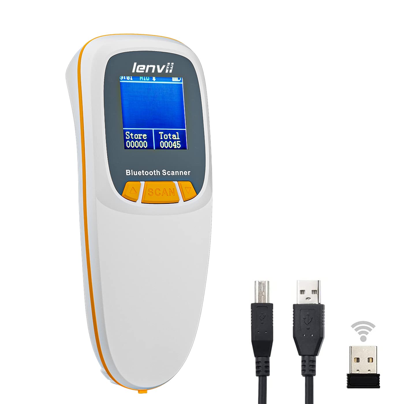 LENVII Mini Wireless Barcode Scanner Bluetooth 3-in-1 Portable Barcode Reader Wireless 1D/2D/QR Code Scanner with Display Barcode Reader Win/Android/iOS for Shop, Supermarket, Warehouse (White)