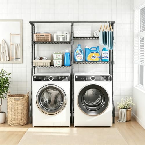 Kisfam Mueble para Lavadora y Secadora, Estante Organizador de Lavandería de 4 Niveles, Estructura Metálica Independiente con Tendedero, 170 cm Ancho x 50cm Fondo x 197 cm Alto