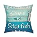 Fjfz Summer Decoration Mermaid Kisses and Starfish Wishes Beachy Blue Decor Coastal Quote Cotton Linen Home Decorative Throw Pillow Case Cushion Cover for Sea Beach Lover Sofa Couch, 18