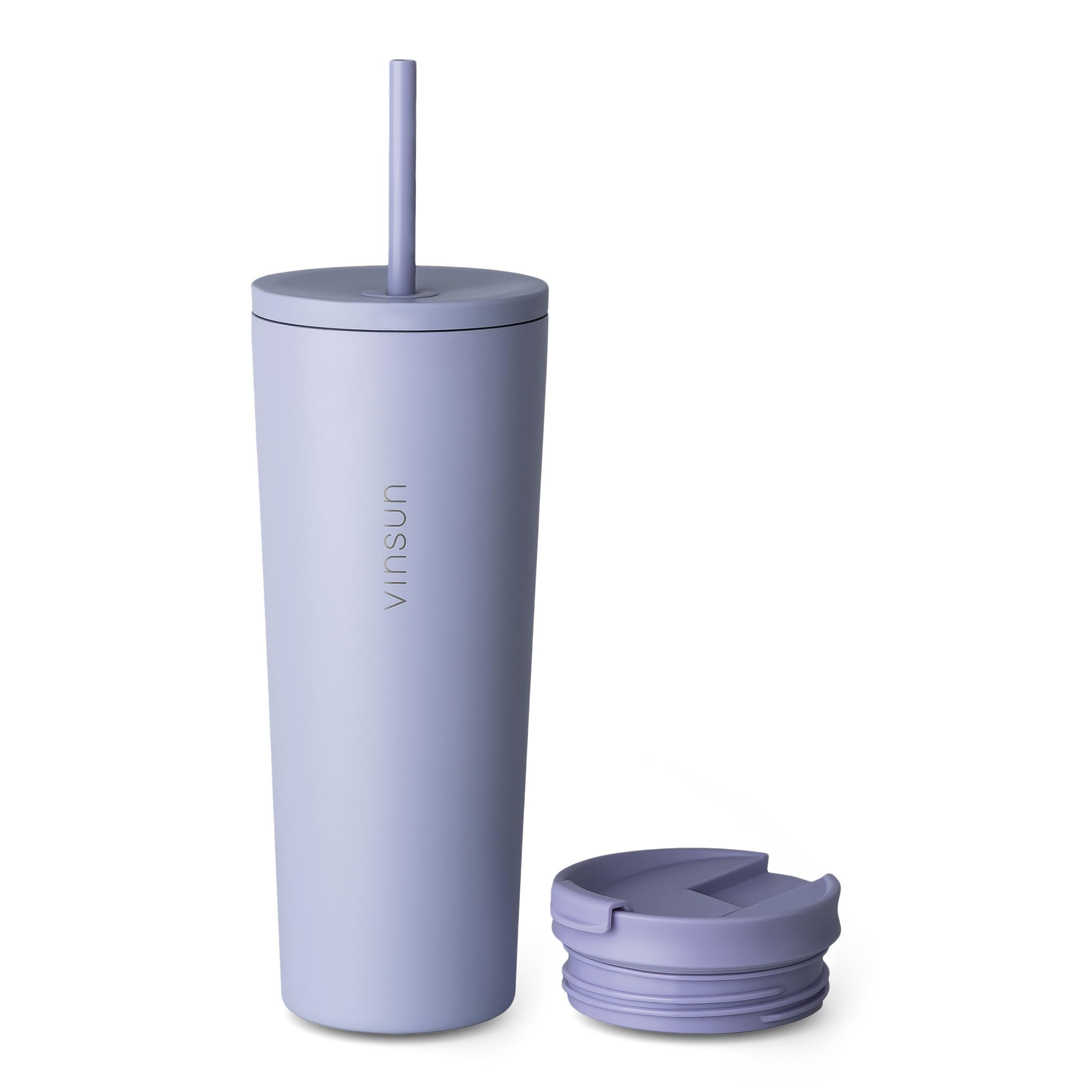 VINSUN Travel Mug with Straw 720ml - Stainless Steel Thermal Mug, Leakproof, Double-Walled Insulated - Purple Tumbler with Straw and Lid for Hot & Cold Drinks