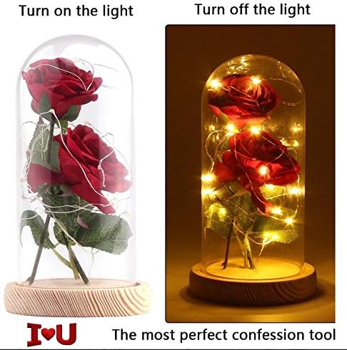 Red Silk Rose and LED Light with Fallen Petals in Glass Dome on a Wooden Base warm color lamp rose shade, red