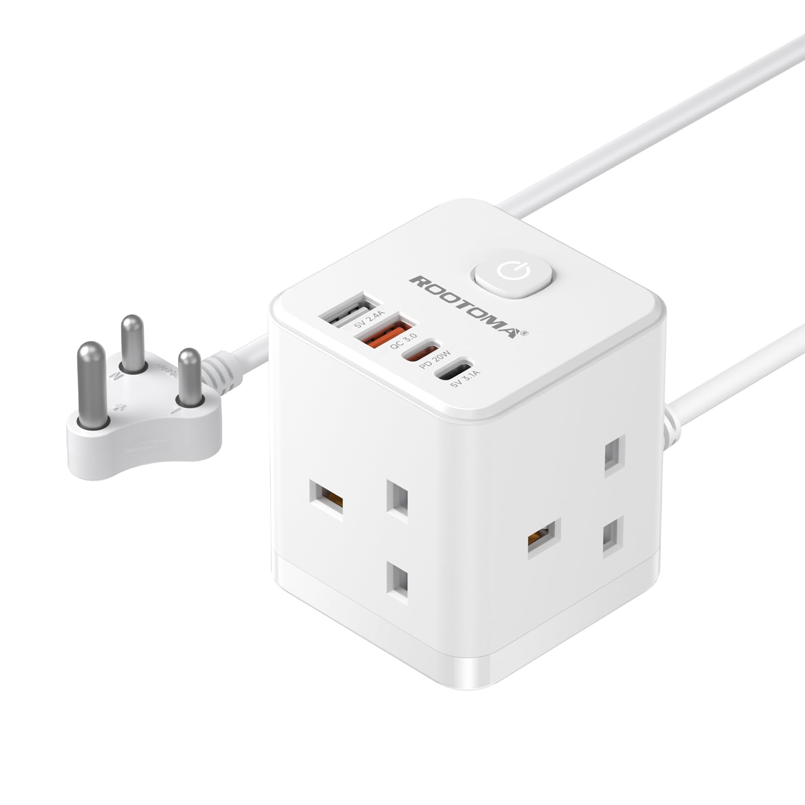 UK to India Plug Adapter with 1.5M Extension Cable 3 Way 4 Fast Charging USB (QC3.0/PD20W) Compact Cube Type D Plug Adapter for India, Sri Lanka, Bangladesh, Nepal, etc